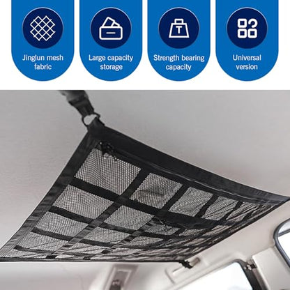 WZP Car Ceiling Cargo Net, 31.5" x 20.9" Double-Layer Mesh Car Roof Storage Ceiling Cargo Net with Adjustable D-Buckle, Universal Auto Accessories for SUVs, Road Trips, Camping Essentials