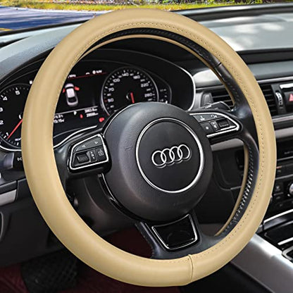 Haokay Heavy Duty Pure Cowhide Steering Wheel Cover SUV Car, Beige Genuine Leather Steering Wheel Cover Men Women Universal 14.5 to 15 Inch - color: BEIGE-1