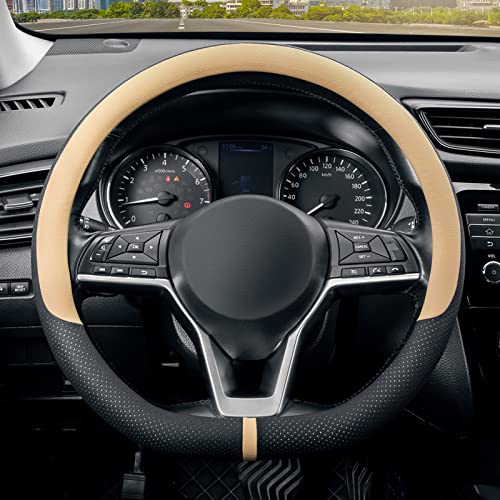 SEG Direct Flat Bottom Steering Wheel Cover Breathable, D Shaped Car Wheel Cover 14 1/2-15 in. (37-39 cm), Black Beige Microfiber Leather - color: 7. Beige, size: Standard size[14 1/2''-15'']
