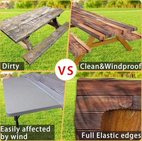 Rustic Wood Table Cover with Bench Covers Waterproof Windproof Elastic Fitted Outdoor Camping RV Tablecloths with Drawstring Bag Reusable Rectangle Rectangle Tables and Seats Cover 30X96IN - color: Brown, size: 30" x 96" (Rectangular)