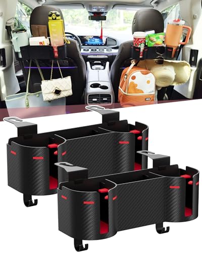 Car Headrest Backseat Cup Holder 3.7" with Organizer, High Capacity 4 in 1 Seat Back Organizer with Headrest Hooks, Multifunctional Storage for Car Travel Accessories Compatible with Most Vehicles - color: RED+BLACK, size: 2 Pack