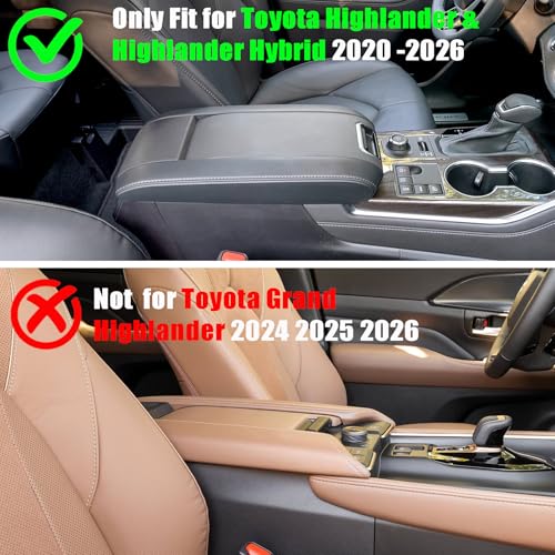 Center Console Cover for Toyota Highlander 2020 2021 2022 2023 2024 2025 2026 - Premium Leather Armrest Cover with Extra Padding for Highlander Hybrid Interior Accessories( Not for Grand Highlander) - size: 6) 20-26 |Highlander| Black, +Thick Size