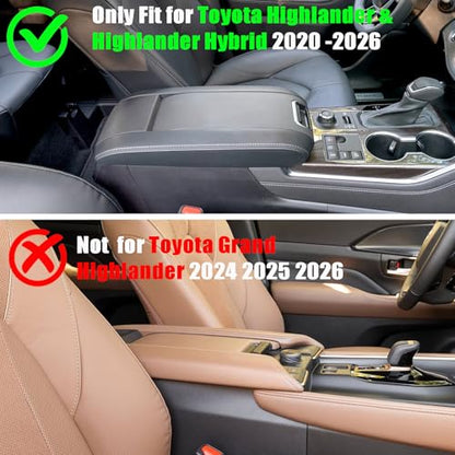 Center Console Cover for Toyota Highlander 2020 2021 2022 2023 2024 2025 2026 - Premium Leather Armrest Cover with Extra Padding for Highlander Hybrid Interior Accessories( Not for Grand Highlander) - size: 6) 20-26 |Highlander| Black, +Thick Size
