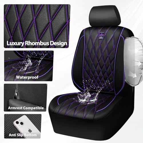 CAR PASS Piping Luxury Faux Leather Two Front Car Seat Covers, Waterproof Anti Slip Premium Automotive Seat Covers,Universal Fit for Suvs,Vans,Trucks, Armrest Airbag Compatible (Black and Purple) - color: Black and Purple, size: Two Front