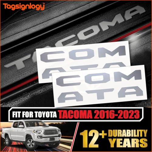 Prime Series UV Weatherproof Vinyl Decals: Pair of Left and Right Front Door Sill Protector Letter Inserts fits Tacoma 2016-2023 (Metallic Silver) - color: Metallic Silver