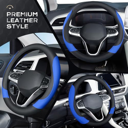 Coverado Car Steering Wheel Cover, Nappa Leather Black & Blue Steering Wheel Covers for Women, Universal 14-15 inch, Anti-Slip, Breathable Steering Wheel Protector - color: B-BlackBlue