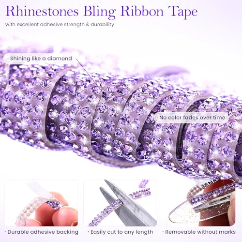 Purple Rhinestone Ribbon,0.2 Inch Wide 10 Yards 1 Roll, Self Adhesive Crystal Diamond Bling Strips for Car Decoration, DIY Crafts, Home Decor, (Purple)