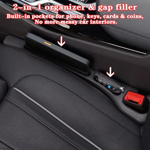 Car Seat Gap Filler Organizer of 2 – Universal Car Gap Seat Filler with Storage Pockets, No Drop Seat Guard for Phones, Keys & Cards, Car Accessories for Most Cars Trucks SUVs (Black)