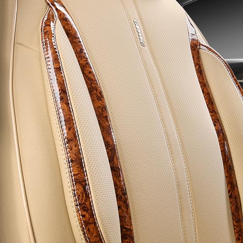 CAR PASS Beige Leather Car Seat Covers, Breathable Waterproof Nappa Automotive Seat Covers Full Set, Anti-Slip Driver Seat Cushion with Backrest Universal Fits SUV Pick-up Truck Sedan, Wood Grain - color: Beige Wood Grain, size: Full Set
