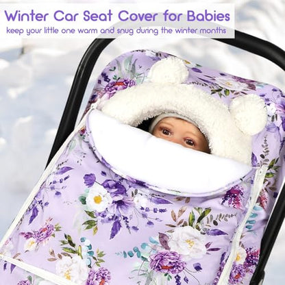 Winter Car Seat Cover Baby Girl Boy, Warm & Windproof Infant Carseat Cover Canopy Protect Baby from Cold Weather, Plush Fleece, Purple Floral - color: Purple Floral