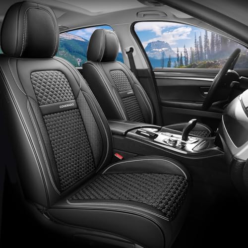 Coverado Leather Front Seat Covers, 2-Pack Universal Waterproof Breathable Leather Woven Leatherette Seat Cushions, Auto Car Seats Protectors, Fit for Most Vehicles-Blackpure - color: Black, size: FrontPair