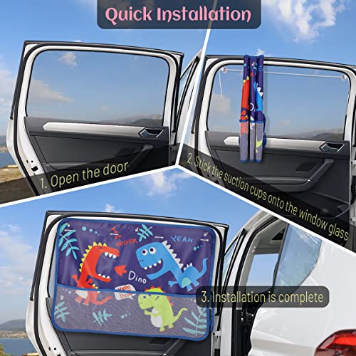 Car Window Shade for Baby, 2 Pack Car Sun Shades with Storage Net Pocket Auto Window Curtain 7 Suction Cups Blue Dinosaurs for Sun/Heat/UV Rays Protection Kids - color: Blue Dino-2pcs