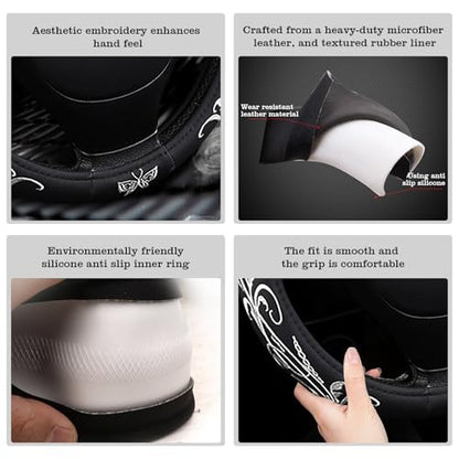 Car Leather Steering Wheel Cover - Panapi Material, Universal 14.5-15 Inch Leather Anti-Slip Breathable Auto Steering Wheel Covers for Men Women (Embroidery-White) - color: Embroidery-White