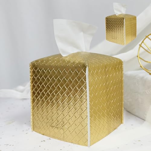 HOMOTEK 2 Pack Tissue Box Cover, Square PU Leather Tissue Holder, Decorative Facial Tissue Cube Paper Organizer Dispenser for Bathroom, Night Stands, Desk, Car 5X5X5'' - Woven Waffle, Brass - color: Glod Brass, size: Woven Waffle