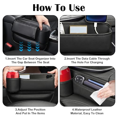 2PCS Car Seat Gap Filler Organizer, Gap Filler with Cup Holder and Storage for Cars, PU Leather Front Seat Side Organizer for Keys Cards Phone Sunglasses and Small Items(Black)