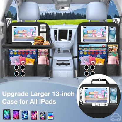 Car Backseat Organizer with Table Tray(2-Pack) 9 Storage Pockets Backseat Car Organizer and storage with Tablet Holder, Kick Mats Back Seat Cover for Kids family Road Trip Essentials Travel - style: 2 Pack with Food Tray-Black