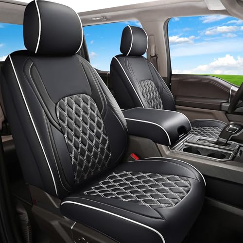 Huidasource F150 Leather Seat Covers Custom Fit for 2015-2025 F150 SuperCrew & 2017-2025 F250 F350 F450 Super Duty Crew Cab XL XLT Lariat King Ranch Platinum(Front Pair/Black&White) - color: Black & White, size: Front Pair Cover