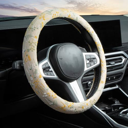 Beige Spherical Flowers Steering Wheel Cover Auto Embroidery Steering Wheel Protector, Anti-Slip, Breathable, Absorbing Sweat, Universal Car Accessories 14.5–15 inch,Fit for Most Car, Trucks, SUV - style: Beige Spherical Flowers JQ
