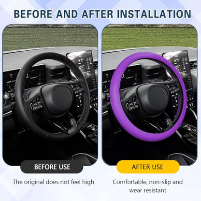 Car Steering Wheel Cover, 13 to 14.17 inches Non-Slip Silicone Steering Wheel Protector, Car Accessories Thin Soft Leather Texture Steering Wheel Protective Cover for Most Cars (Purple) - color: Purple