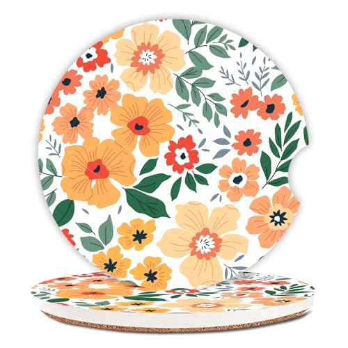 Flowers Absorbent Car Coasters for Cup Holders,2 Pack 2.56" Ceramic Coasters with Cork Back and Finger Slot, Auto Accessories for Women & Men. - color: Yellow Flowers 2