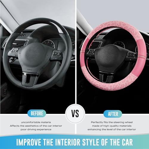 Road Comforts Leopard Steering Wheel Cover for Women, Cute Anti-Slip Microfiber Leather, Universal Fit 14.5-15 Inch Round Steering Wheel - Full Pink - color: Round All Pink
