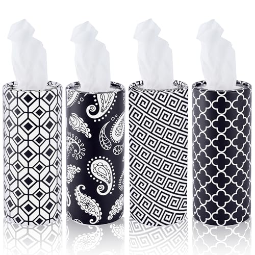 Car Tissues with Facial Tissue, 4 Pack Geometric Tissue Cylinder for Car Cup Holder, 2 Ply 50 Count Travel Tissues Tube for Console, Minimal Pattern Car Accessories