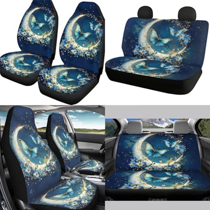 Butterfly Moon Auto Front Rear Seat Protective Steering Wheel Covers Set 12 Pcs Funny Car Seat Interior Accessories Full Set Headrest Covers Cup Coasters Armrest Pad Gear Shift Cover - color: Butterfly moon