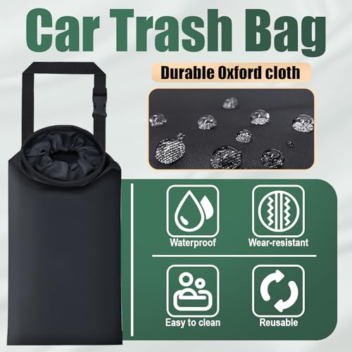 2 PCS Car Trash Bags, Car Accessories Washable Garbage Bag Hanging, Detachable Trash Can with Top Elastic Vent & Sticky Strap Bottom Opening, Seat Back Tash Bag for Cars,Travelling,Outdoor