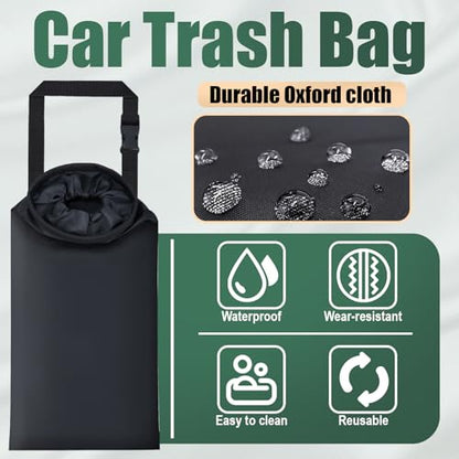 2 PCS Car Trash Bags, Car Accessories Washable Garbage Bag Hanging, Detachable Trash Can with Top Elastic Vent & Sticky Strap Bottom Opening, Seat Back Tash Bag for Cars,Travelling,Outdoor