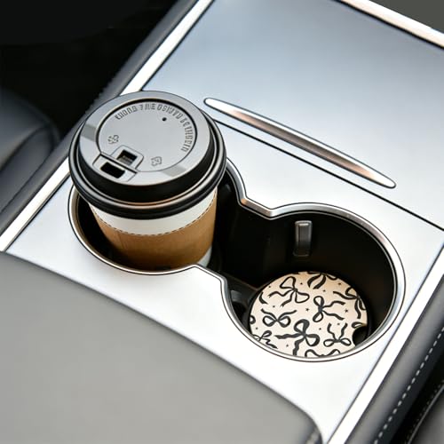 4Packs Car Coasters for Cup Holders，2.6 Inch Absorbent Ceramic Coasters with A Finger Notch Universal Anti Slip Auto Cup Holder Coasters Cute Car Accessories for Women Girls (Bow, Pink and Black)