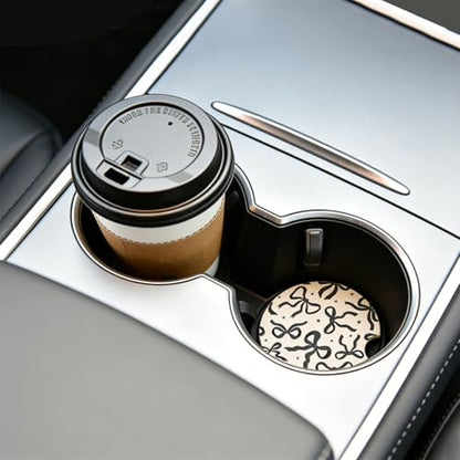 4Packs Car Coasters for Cup Holders，2.6 Inch Absorbent Ceramic Coasters with A Finger Notch Universal Anti Slip Auto Cup Holder Coasters Cute Car Accessories for Women Girls (Bow, Pink and Black)
