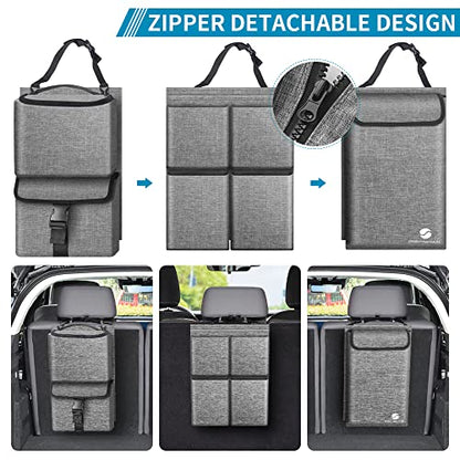 Car Trunk Organizer with Cooler, Hanging Organizers with Large Pockets, Zippers Detachable Seat Back Storage, Waterproof for Jeeps, SUVs, Grey
