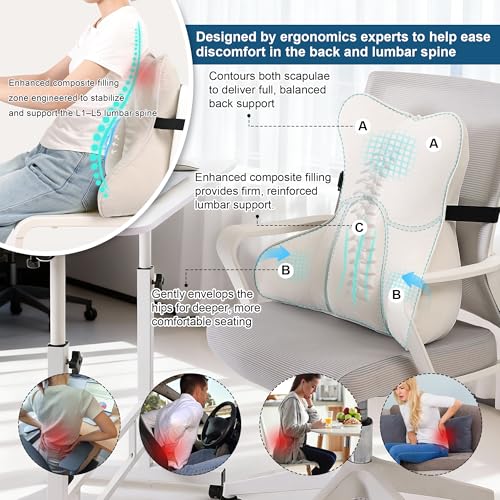 Lumbar Support Pillow(Pat. Pend) – Multi-Functional Ergonomic Back Cushion for Sofa Chair, Car Seat & Sofa, Reading Pillow with Firm Multi-Zone Support to Relieve Lower Back Pain, Misty White