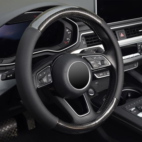 KAFEEK Classic Carbon Fiber Steering Wheel Cover, Universal 15 inch, Breathable Microfiber Leather Steering Wheel Protector for Men Women, Black - size: Standard size[14 1/2''-15'']