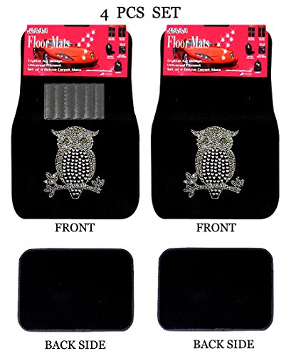 ALLBrand Universal Fit FrontRear 4 Piece Full Set Crystal Bling Rhinestone Design Studded Carpet Car SUV Truck Floor Mats Golden Owl Black KAM - color: Golden Owl-Black
