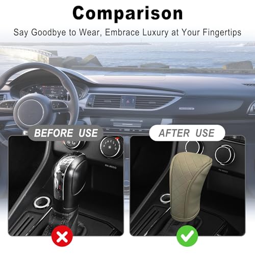 Car Gear Shift Cover, Leather Gear Shift Knob Cover, Diamond Quilted Design, Stick Shifter Knob Protector Anti-scratch Non-slip, for Truck Cars SUVs Auto Interior Accessories (Beige)