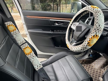 Handmade Crochet Sun Moon Car Steering Wheel Covers Universal 14-15 inch,Cute Steering Wheel Cover,Car Accessories (Wheel Cover+2belt Cover+2Coaster+Hanging) - color: wheel cover+2belt cover+2Coaster+hanging