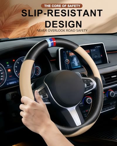 Customized Auto Car Steering Wheel Cover for BMW X1,X2,X3,X4,X5,X6,X7,i3,i4,i5,14.5-15 inch (Beige)