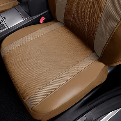 Flying Banner car seat Covers Full Set Faux Leather Air Mesh Breathable Man Lady Airbag Compatible Rear Bench Split 40/60 50/50 60/40 Truck Pick Up (Full Set - Low Back, Solid Beige) - color: Solid Beige