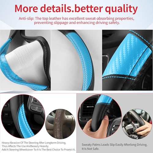 Non-Slip Car Nappa Leather Steering Wheel Cover,Universal Car Accessories Women Men Fit 14" 1/2-15" Suvs/Vans/Sedans/Cars/Trucks,Light Blue - color: Black Light Blue