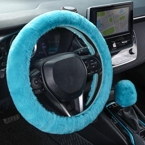 SEG Direct Furry Car Steering Wheel Cover with Gear Shift Cover, Soft and Warm, Cute Fluffy Auto Decor for Women Men, Standard Size, 2 PCS Set, Cyan - color: Cyan