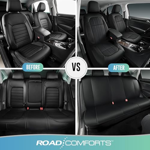 Road Comforts Car Seat Covers, Breathable Leather Seat Covers, Car Seat Covers Full Sets Airbag Compatible, Automotive Seat Covers for Most Cars, Vans, Trucks, SUV - Black