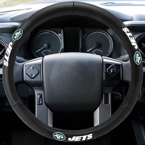 FANMATS 40505 NFL - New York Jets Genuine Leather Steering Wheel Cover | Black 15"x15"