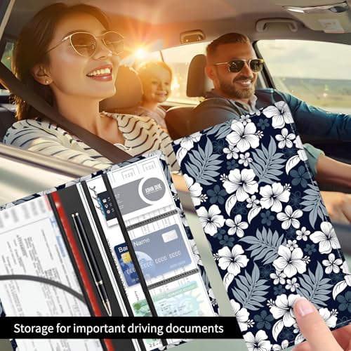 Premium Car Registration and Insurance Card Holder, Cute PU Leather Car Document Holder, Vehicle Glove Box Car Organizer with Magnetic Closure for Driver License, Cards Navy Tropical Hibiscus - color: Navy Tropical Hibiscus