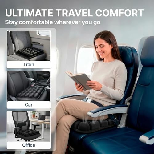 Inflatable Travel Seat Cushion for Airplane - Portable Air Pad with Built-in Pump for Long Flights & Car Rides - Ergonomic Tailbone Pain Relief for Office Chair, Wheelchair, Stadium - size: 17"x18.5"