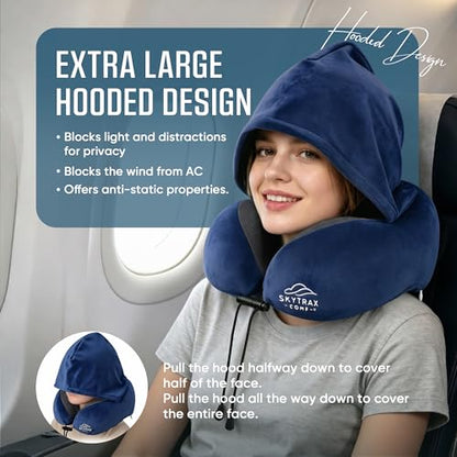 SkytraxComf® Travel Neck Pillow with Hood for Privacy on Long Flights | Memory Foam | Airplane Sleep | Safety-Tested Materials | Extra Large Hood | Chin Support | Earplugs | Washable Cover