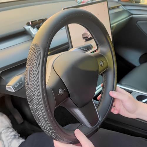 D Shape Steering Wheel Cover for Tesla Model 3 / Y, for Camaro, 14-14.25 Inch Black Leather Car Wheel Cover for Men Women - color: D Shape Black Leather for Tesla Model 3 / Y