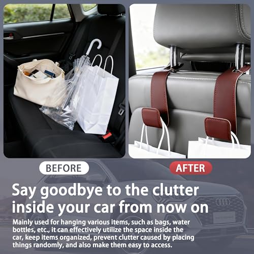 Leather Car Purse Hooks with Larger Strap Holder Purse Hook Purse Holder for car car seat Back Hooks Automotive seat Back Organizer headrest Hooks for Bags and Purse (Black, 2pcs)
