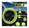 Dotesy 7 Pcs Fluffy Cartoon Frog Car Steering Wheel Cover Set, Wool Steering Wheel Protector with Cup Coasters, Soft Plush Rear Mirror Cover Accessories for Women (Green Frog)