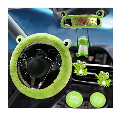 Dotesy 7 Pcs Fluffy Cartoon Frog Car Steering Wheel Cover Set, Wool Steering Wheel Protector with Cup Coasters, Soft Plush Rear Mirror Cover Accessories for Women (Green Frog)